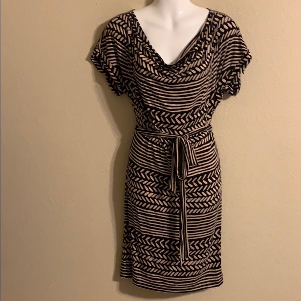 LOFT Brown and Cream Striped Midi Dress